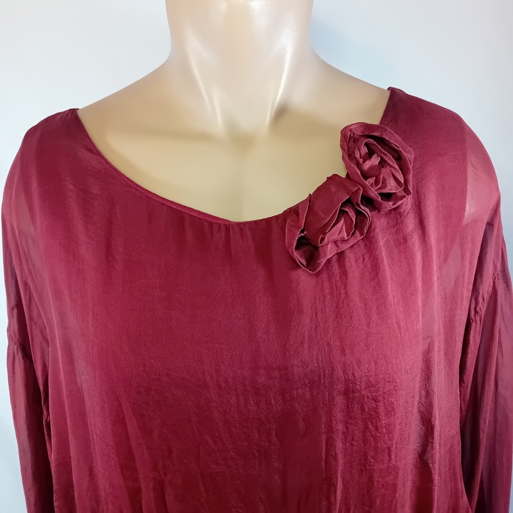 Y2K Femme Silk Blouson Hem Flowy Whimsigoth Burgundy Rose Blouse Sheer Sleeves M - Picture 7 of 16